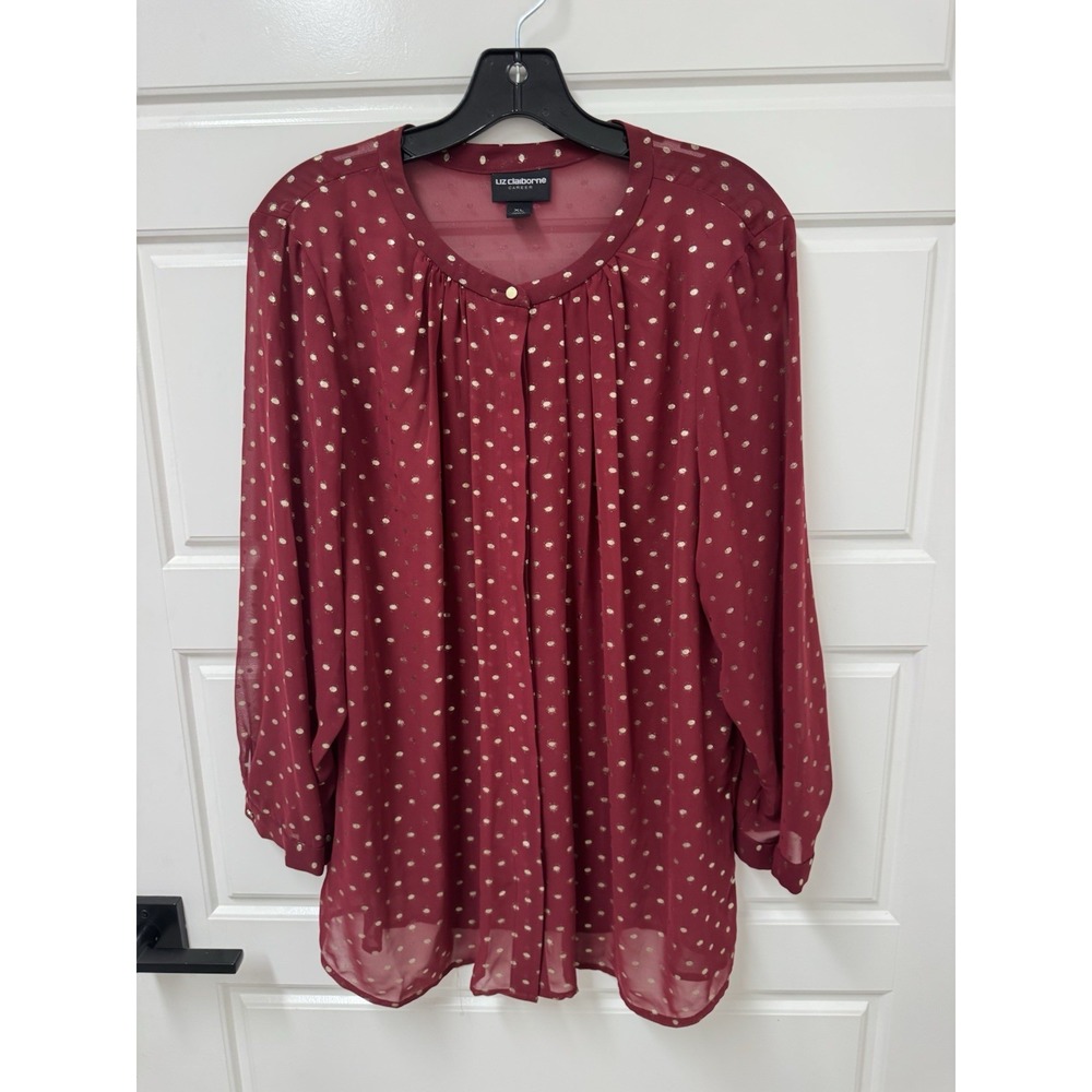 Liz Claiborne Career XL Maroon Gold Polka Dot Blouse & Tank Set Button Up Top